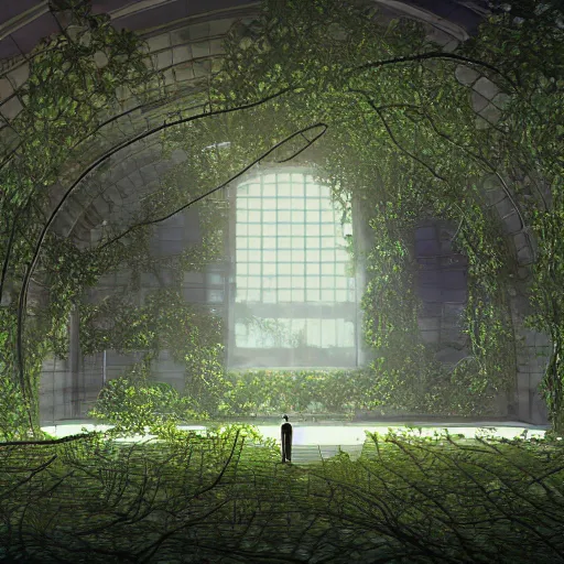 Image similar to GLaDOS in the center of a huge hall overgrown with vines and plants of the complex, old computers, a suspension of dust in the air, rays of light through the ceiling, realism, art,