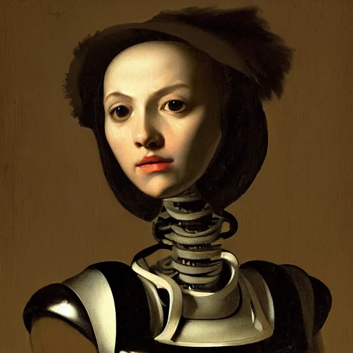 Prompt: baroque painting portrait of a robot by caravaggio in the style of greg rutkowski