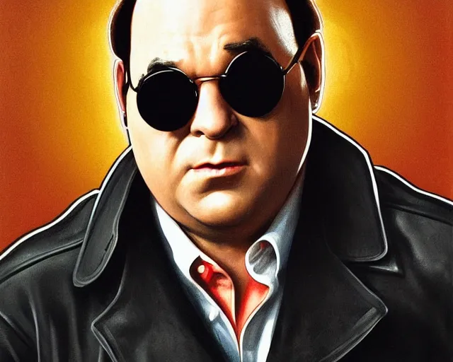 Prompt: george constanza from seinfeld as james bond wearing sunglasses and a leather jacket, photography of kurzgesagt, deep focus, d & d, fantasy, intricate, elegant, highly detailed, digital painting, artstation, concept art, matte, sharp focus, illustration, hearthstone, art by artgerm and greg rutkowski and alphonse mucha