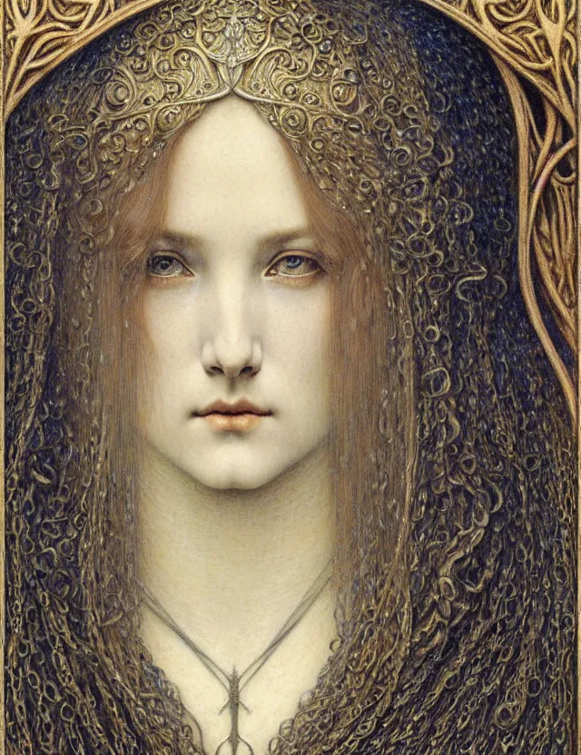 Image similar to detailed realistic beautiful young medieval queen face portrait by jean delville, gustave dore and marco mazzoni, art nouveau, symbolist, visionary, gothic, pre - raphaelite. horizontal symmetry