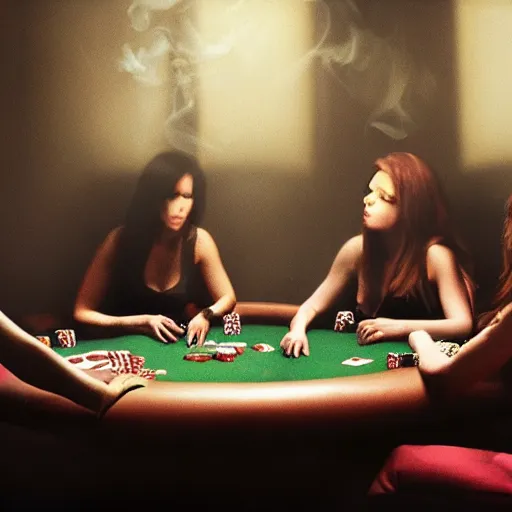 Prompt: female angels smoking pot and playing poker in a dark room, cinematic
