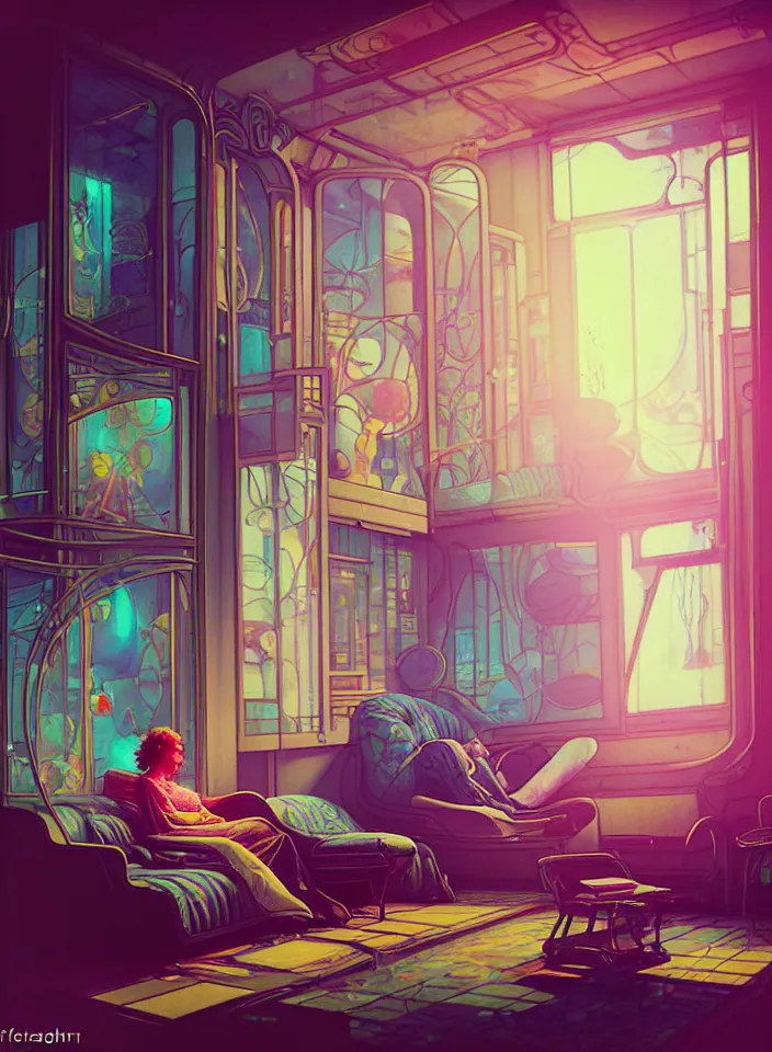 Image similar to telephoto 7 0 mm f / 2. 8 iso 2 0 0 photograph depicting the feeling of chrysalism in a cosy safe cluttered french sci - fi ( ( art nouveau ) ) cyberpunk apartment in a pastel dreamstate art cinema style. ( person relaxing living room near ) ( ( fish tank ) ), ambient light.