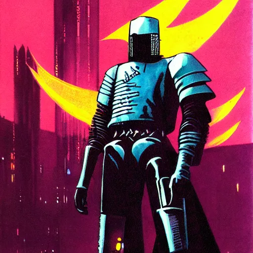 Image similar to cyberpunk knight, by jack gaughan, wide angled view, epic pose, pulp, sci - fi, atmospheric lighting, painted, intricate, ultra detailed