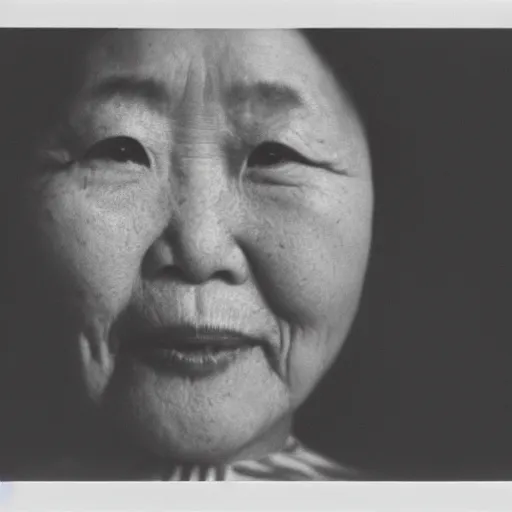 Image similar to photo of Mui Yim Fong by Diane Arbus, extreme closeup, black and white, high contrast, Rolleiflex, 55mm f/4 lens