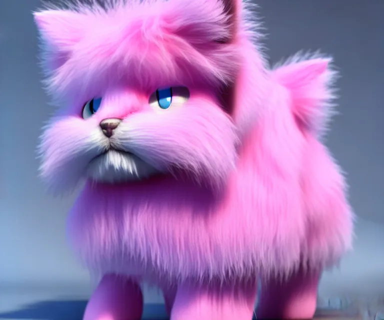 Image similar to high quality 3 d render hyperrealistic very cute small cat, plush mascot, short spiky dense fluffy smooth hair, photo from the side, pink fluffy fur, 1 5 0 mm, beautiful natural soft light, rim light, vray, smooth background, artstation, ultra detailed