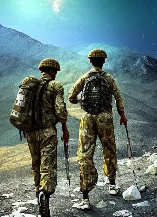 Image similar to two Pakistani soldiers hiking in Afghanistan hills, digital art, galaxy sky, dramatic light, oscar winning movie poster, realistic, render, photorealistic intricate