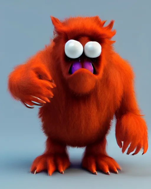 Prompt: 3 d render of completely red hairy friendly antropomorphic cartoony creature wearing chrome shades, without nose, full body, simple, cute, white background, unreal engine 5, octane render, highly detailed hdr