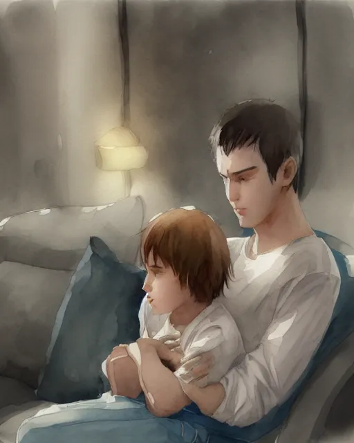 Image similar to father consoling son digital painting, pixiv, artstation,, watercolor, sharp focus, high quality