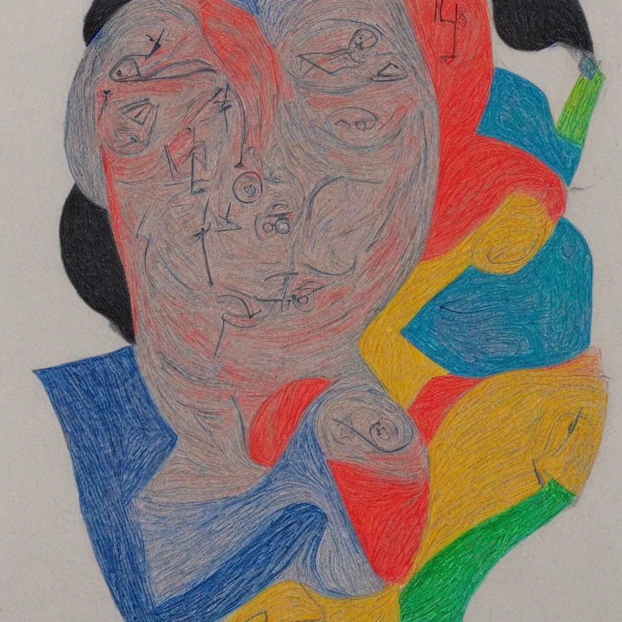 Prompt: medium: colored pencil, face made of Notation, Symbols, Lines, Sequences, Interpretation, Instructions, Communication, Visuality, Process, form, line, character, surface, space, material, immaterial, sensual, symbolic, conceptual, Series, Variations, Temporalization, Processualization, Notation, Instruction, Form, Sign, Symbol, Movement, Parallel, Sequential, Disordered, Unconnected, Static, Visual, Mental, Iconic, Imaginative. Creative, large-scale, multi-part, process, drawing, repetition, variation, order, chaos, improvisation
