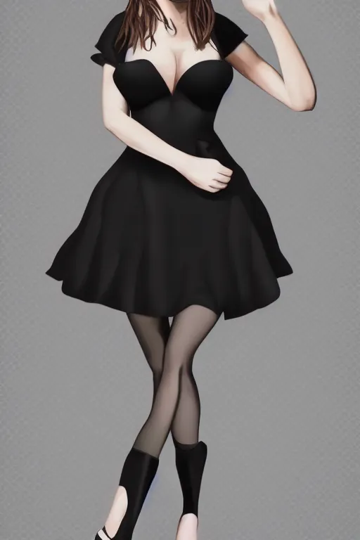 Image similar to full body aesthetic full body digital illustration of a beautiful young woman in a furry little black dress, realistic, Vogue, magazine photography, photorealistic, deviantArt, trending on artstation, artstation HQ