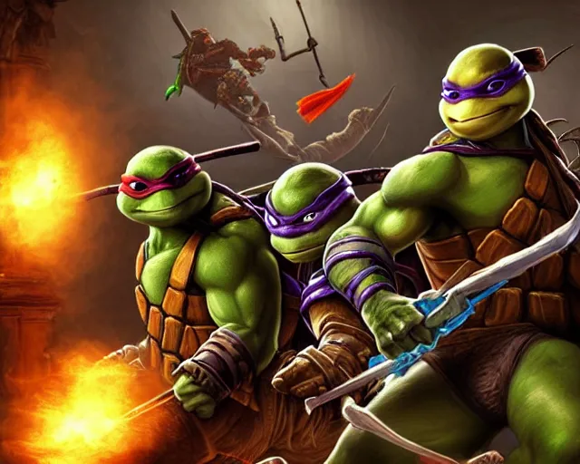 Image similar to a gaming screenshot still portrait of teenage mutant ninja turtles in mortal kombat, deep focus, d & d, fantasy, intricate, elegant, highly detailed, digital painting, artstation, concept art, matte, sharp focus, illustration, dark fantasy style art, hearthstone, art by artgerm and greg rutkowski and alphonse mucha