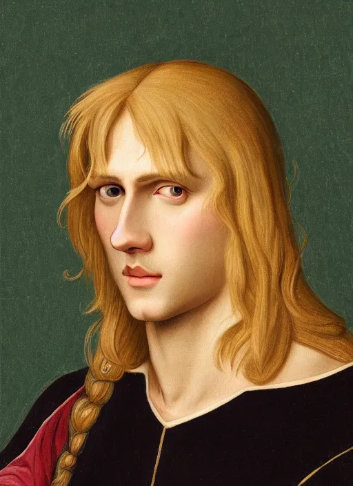 Image similar to portrait of a blond handsome man with long hair in renaissance style, anime inspired, High Res 8K,hyperdetailed