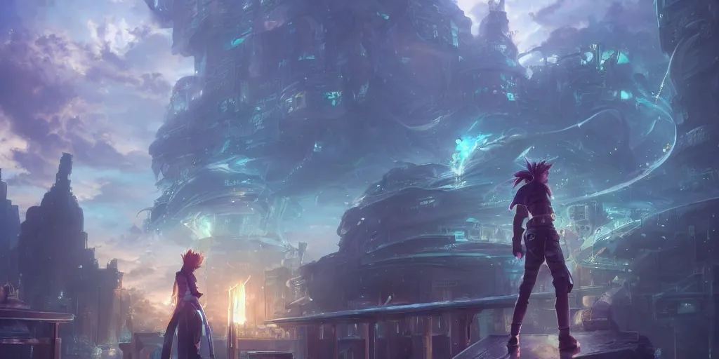 Image similar to final fantasy 7, midgar, materia, cloud, shinra, unreal engine, fantasy art by greg, loish, rhads, ferdinand knab, tom bagshaw, makoto shinkai and lois van baarle, rossdraws, ilya kuvshinov, night lighting, trending on studio ghibli, highly detailed, 8 k, octane render