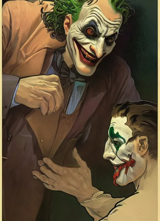 Image similar to a still of a Jewish caricature as the Joker, hooked nose with a convex nasal bridge and a downward turn of the tip of the nose, Gotham city, sigma male, accurately portrayed, portrait art by alphonse mucha and greg rutkowski, highly detailed, digital painting, concept art, illustration, dim lighting with twilight rays of sunlight, trending on artstation, very detailed, smooth, sharp focus, octane render, close up