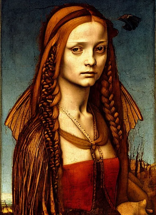 Image similar to renaissance portrait of a girl with long hair and demon wings in front of a post - apocalyptic landscape, art by leonardo da vinci, raffaello, donatello