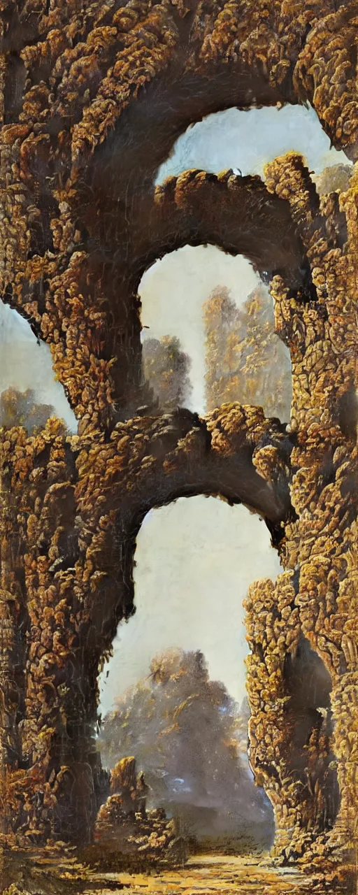 Prompt: A large stone archway, archway, through which can be seen a desolate savannah, by Bruce Pennington