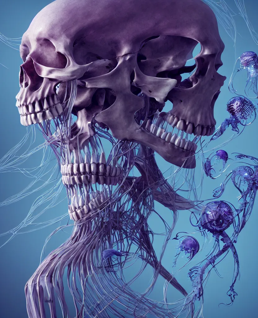 Prompt: goddess close-up portrait human skeleton, ram skull, skeleton, thorax, x-ray, backbone, jellyfish phoenix head, nautilus, orchid, skull, betta fish, bioluminiscent creatures, intricate artwork by Tooth Wu and wlop and beeple. octane render, trending on artstation, greg rutkowski very coherent symmetrical artwork. cinematic, hyper realism, high detail, octane render, 8k