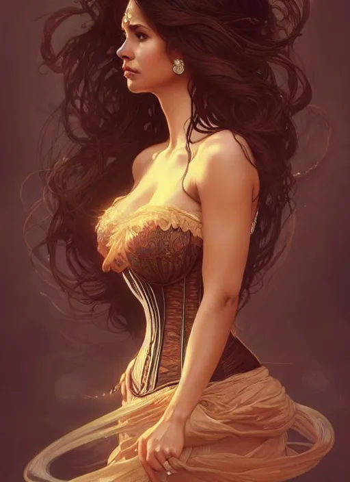 Image similar to cute brown woman wearing a translucent corset dress, fantasy, intricate, highly detailed, digital painting, artstation, concept art, wallpaper, smooth, sharp focus, illustration, art by artgerm and greg rutkowski and alphonse mucha