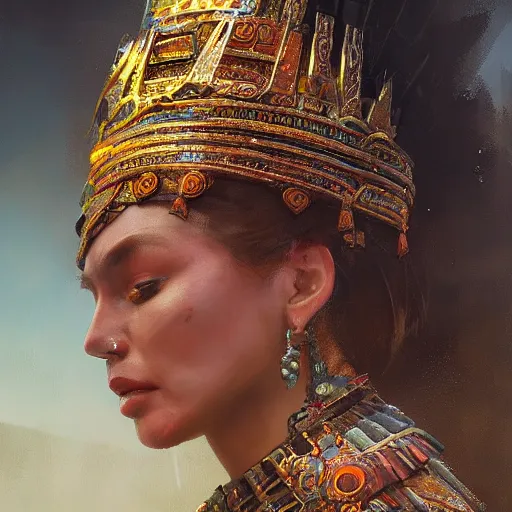 Image similar to Aztec queen, gorgeous, close-up portrait, intricate, elegant, volumetric lighting, scenery, digital painting, highly detailed, artstation, sharp focus, illustration, concept art, ruan jia, steve mccurry