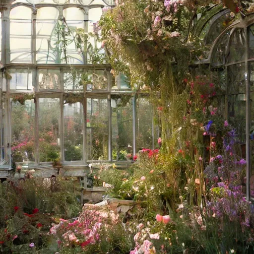 Prompt: a beautifull intricate greenhouse with many flowers, reflexions, verry high details by william turner art, greg rutkowski and alphonse mucha, trending on artstation, very very detailed, masterpiece, - h 1 2 8 0 - w 6 4 0