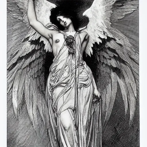 Prompt: heavenly angel of death and solace by gustave dore and alphonse mucha yoji shinkawa apophasis