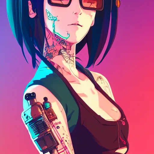 Image similar to portrait of a cyberpunk tattooed barmaid, anime, artstation, anime style, elegant, highly detailed, digital painting, concept art, smooth, sharp focus, illustration, art by studio ghibli, fujita goro, atey ghailan, tom whalen, jean giraud 8 k