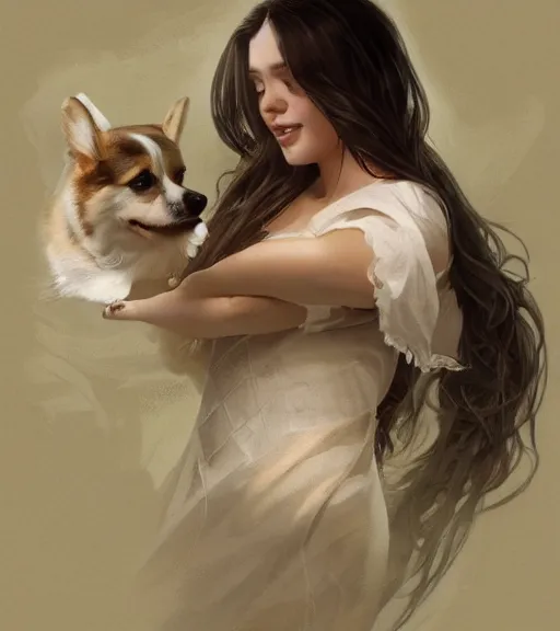 Image similar to full portrait of a young, attractive woman petting a corgi dog, soft hair, muscular, half body, cloth, d & d, fantasy, intricate, elegant, highly detailed, digital painting, artstation, concept art, smooth, sharp focus, illustration, art by artgerm and greg rutkowski and alphonse mucha