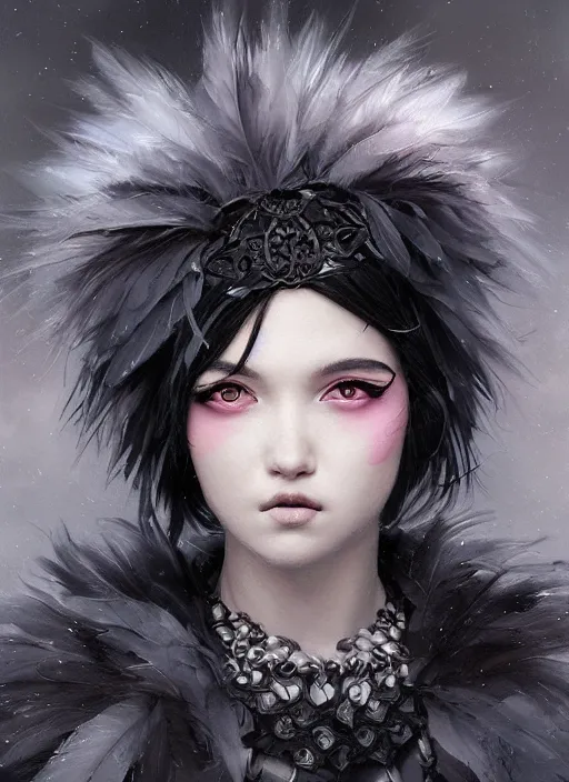 Image similar to a teenage girl with very short black and pink hair and a huge cloak made of grey and black feathers. beautiful highly detailed face. beautiful painting by artgerm and greg rutkowski and raymond swanland, detailed portrait, closeup