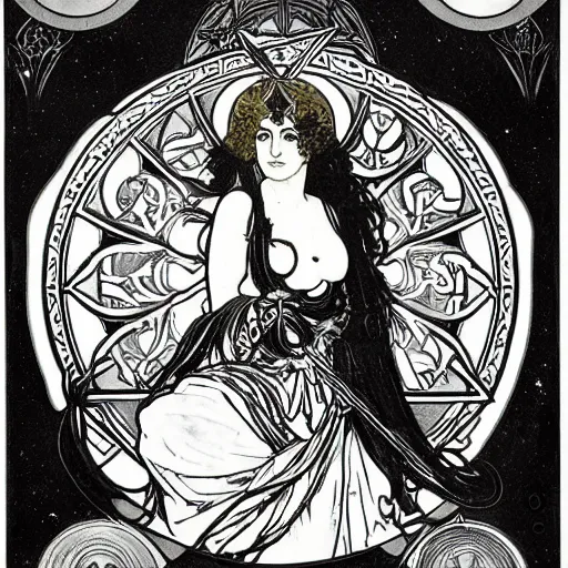 Prompt: a feminine alchemical illustration of The Baphometress by Alphonse Mucha, black background, zoomed out to show entire image