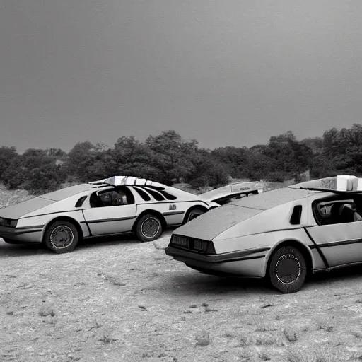 Image similar to a monochromatic sepia photograph of a delorean traveling in a group of covered wagons, trending on art station,