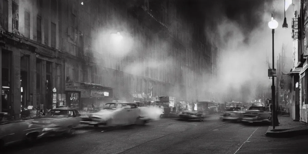 Prompt: a high resolution photo of a new york street at night surrounded with smoke and cars with bright headlights by robert capa, realistic photo, leica, cinematic lighting, magnum award winning photograph, parallax photography,