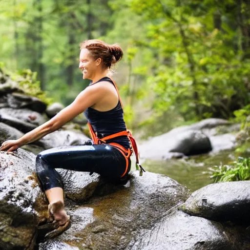 Prompt: picture of woman climbing wet rocks while eating