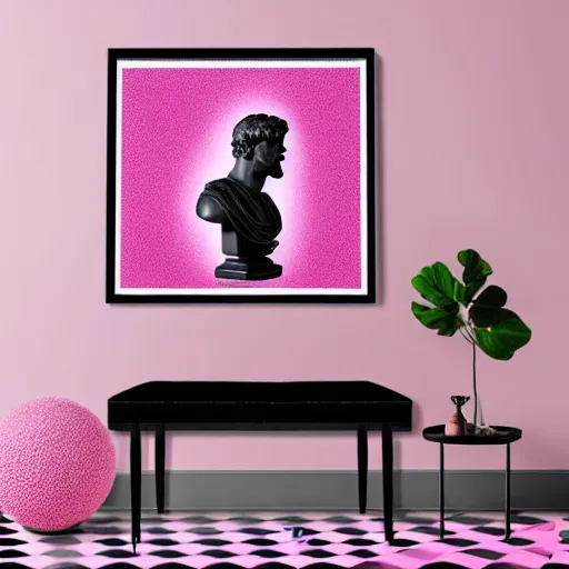 Image similar to a greco - roman marble bust sits on a pink and black checkerboard tile floor, a pink wall in the background with a framed photo of a cityscape at night