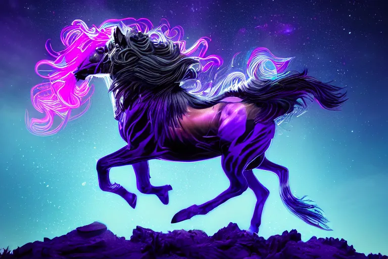 Prompt: a stunning horse with bioluminescent mane and tail running in the sky by sandra chevrier and greg rutkowski, neon hooves, purple blue color scheme, vaporware, retro, outrun, high key lighting, volumetric light, digital art, highly detailed, fine detail, intricate, ornate, complex, octane render, unreal engine, photorealistic