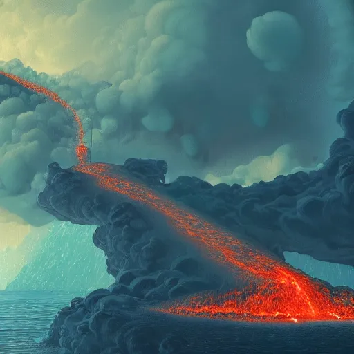 Prompt: lava raining down from sky onto ocean, intricate details, beautiful, dithered gradients, volumetric lighting, cgsociety, artstation, smooth, sharp focus, 2 d illustration, old school computer game graphics, crpg, d & d, pixel art