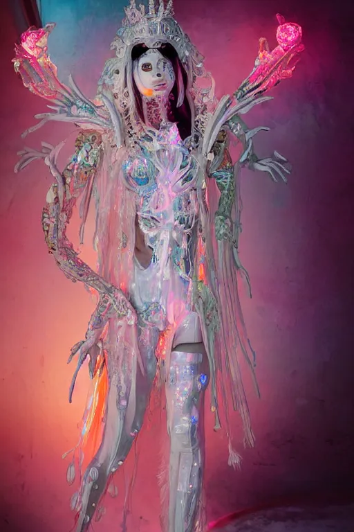 Image similar to full-body rococo and cyberpunk delicate neon crystalline sculpture of ((beautiful albino Latina goddess)) as an iridescent humanoid deity wearing ((peach plastic hooded cloak)) (holding a human skull) in a white castle dungeon, reclining, glowing pink face, crown of (pink lasers), large blue diamonds, swirling black silk fabric. futuristic elements. oozing glowing liquid, full-length view. space robots. intricate artwork by caravaggio. Trending on artstation, octane render, cinematic lighting from the right, hyper realism, octane render, 8k, depth of field, 3D