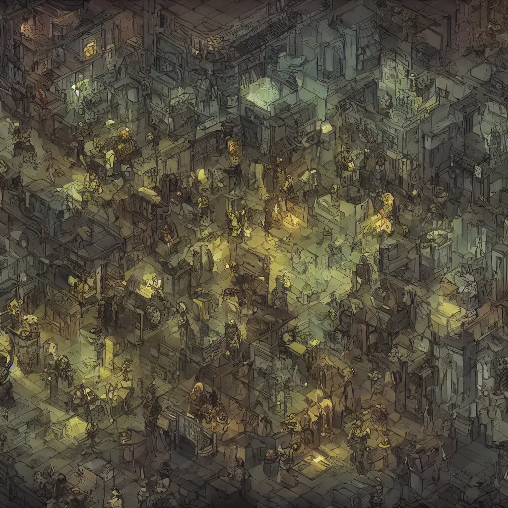 Image similar to An intensely bureaucratic villains lair with dozens of henchman doing paperwork, gridless DND map, 8k digital art, high quality,