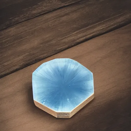 Image similar to a blue cystal in the wood table