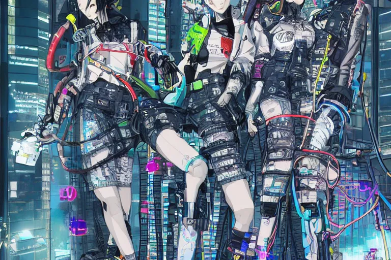 Prompt: a cyberpunk illustration of a group of four super-coherent female androids dressed in seifuku in style of masamune shirow, lying scattered across an empty, white floor with their bodies rotated in different poses and cables and wires coming out, by yukito kishiro and katsuhiro otomo, hyper-detailed, intricate, view from above, colorful