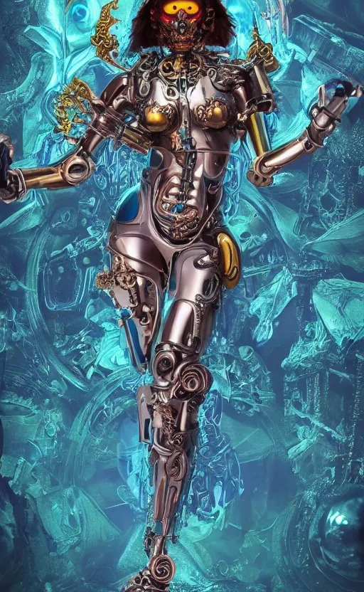 Image similar to a young beautiful hispanic metal android with a large glowing orange crystal in the center of her chest, full-body bronze cyberpunk style statue of Andromeda with glowing blue laser eyes, crown of mechanical chrysanthemums, flowing aqua silk, fabric, steampunk flowers. baroque elements, human skull. full-length view. baroque element. intricate artwork by caravaggio. many flying horses on background. Trending on artstation, octane render, cinematic lighting from the right, hyper realism, octane render, 8k, depth of field, 3D