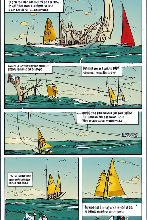Prompt: Comic strip about sailing on a rough ocean
