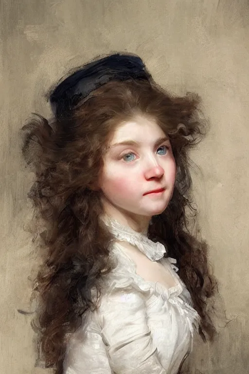 Prompt: museum painting, close - up, 1 4 years old girl,!! white!! messy hair, mischievous face, dressed in 1 8 th century clothes, sharp focus, highly detailed, digital art, oil painting, masterpiece, artgerm, rutkowski