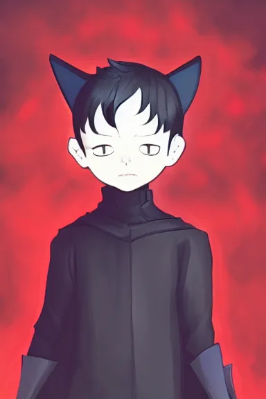 Image similar to little boy with cat ears in an black outfit with red cape. digital artwork made by lois van baarle and kentaro miura, sharpness focus, inspired by hirohiko araki, anatomically correct, heroic composition, hero pose, smooth, noir city