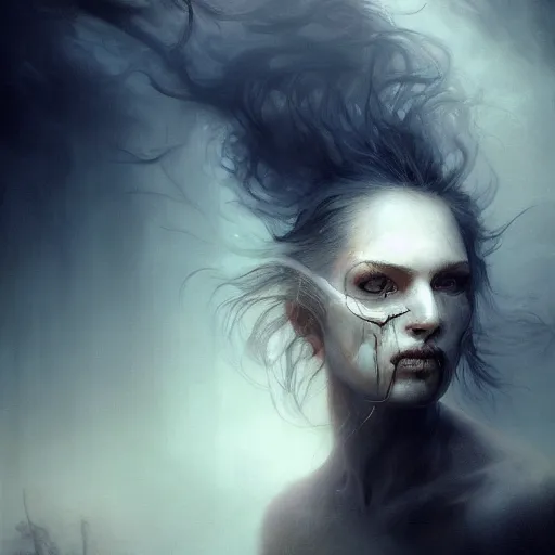 Image similar to epic portrait an woman with a skull face, wet flowing hair, sweaty skin, broad light, ambient occlusion, volumetric light effect, made by ivan aivazovsky, peter mohrbacher, greg rutkowski, hyperrealistic, hyperdetailed, matte painting, trending on artstation, 8 k, perfectly defined features, digital painting,