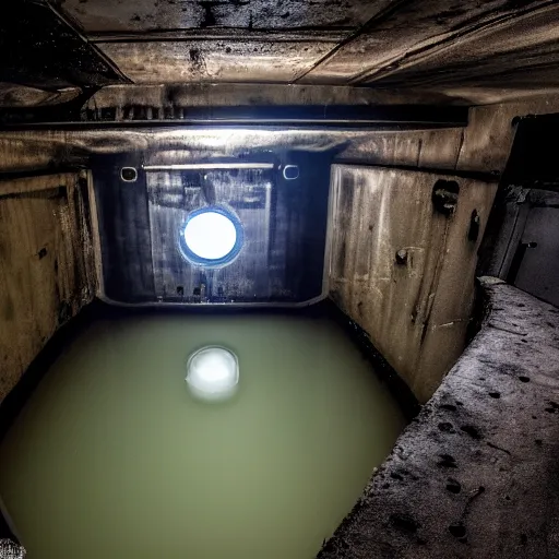 Image similar to the interior of a partially flooded missile silo, dark, scary lighting, scary, creepy, eerie, horror, submechanophobia, submerged machinery, photo,