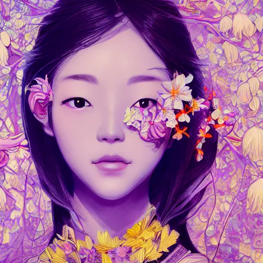 Image similar to the portrait of an absurdly beautiful, graceful, elegant young japanese woman made of bananas and petals looking up, an ultrafine detailed illustration by kim jung gi, irakli nadar, intricate linework, bright colors, octopath traveler, final fantasy, angular, unreal engine 5 highly rendered, global illumination, radiant light, detailed and intricate environment