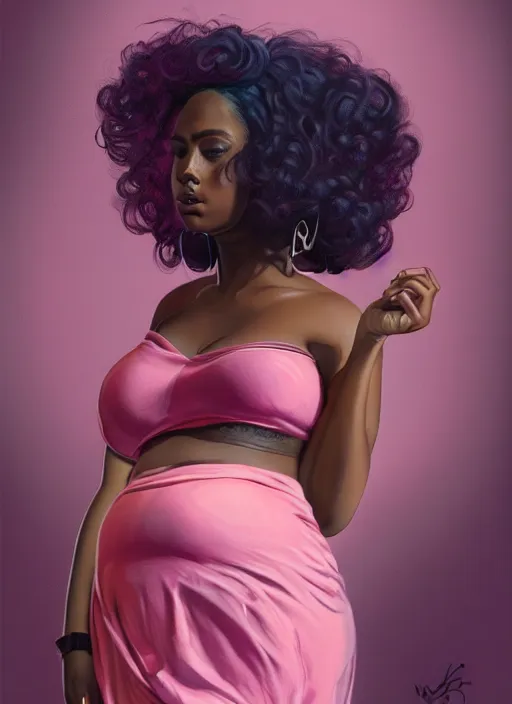 Image similar to full body portrait, teenage vanessa morgan, pink hair, dark skin, obese, curly pixie hair, sultry, realistic, short hair, hoop earrings, skirt, shirt, fat, belly, intricate, elegant, highly detailed, digital painting, artstation, concept art, smooth, sharp focus, illustration, art by wlop, mars ravelo and greg rutkowski