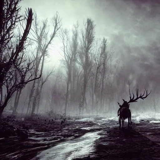 Image similar to the wild hunt, spectres of the night, otherworldly, wraiths, bad omen, fast paced riding, blizzard, storm, enchanted, forest, fog, snow, ice, dreamy, witcher 3, cinematic, breathtaking, vfx, physically based rendering, unreal 5, cgi, concept art, trending in artstation, intricate details, dark fantasy, 8 k