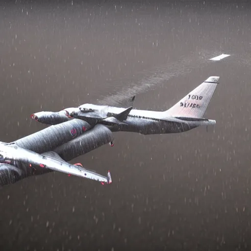 Image similar to 4 jets fly in the rain realistic award winning, trending on artstation, unreal engine