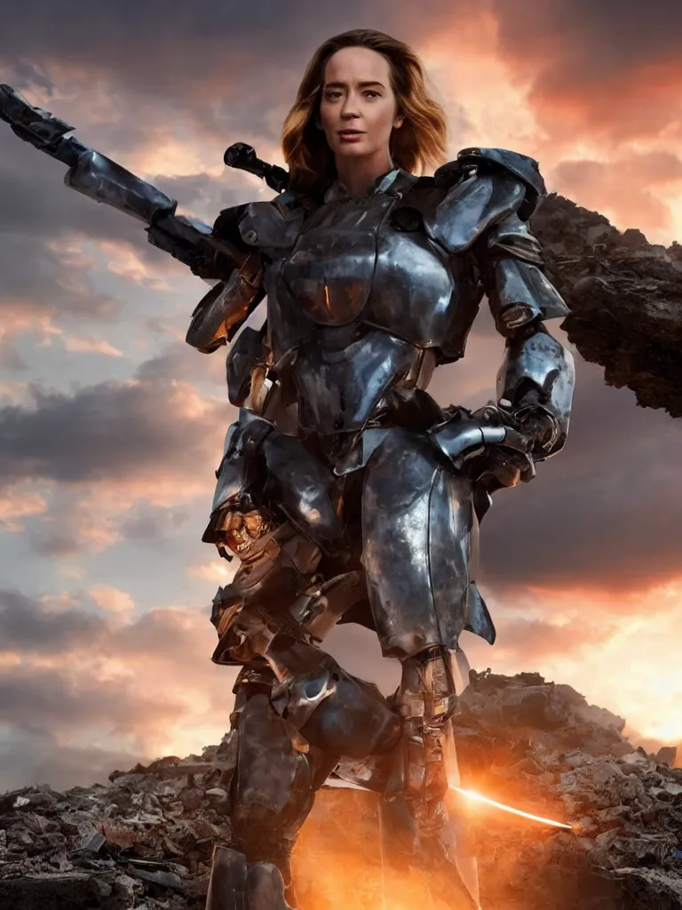 Image similar to emily blunt in futuristic power armor, by herself, holding a sword, standing atop a pile of rubble, sunset and big clouds behind her